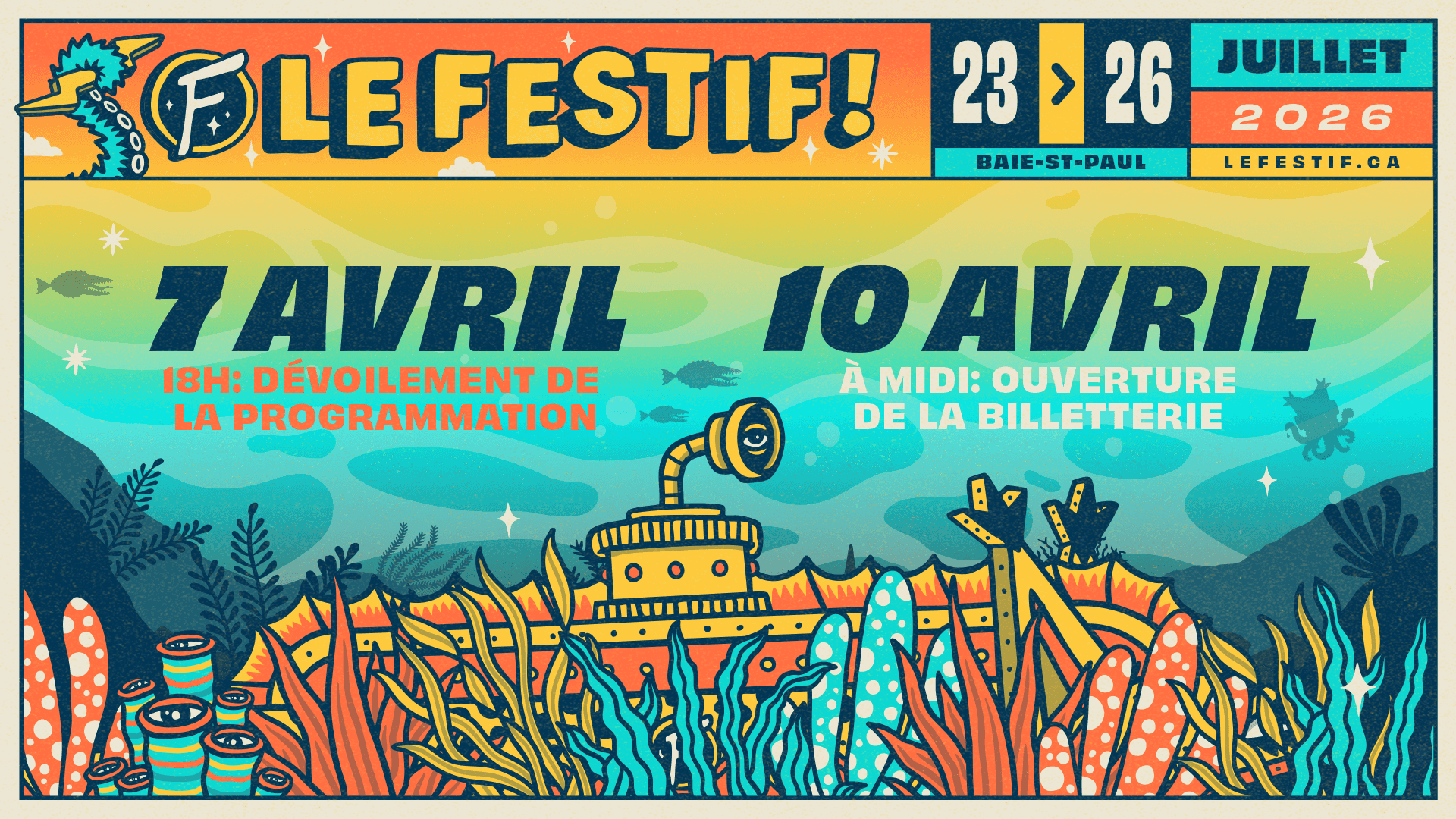 Visuel pour le dévoilement de la programmation le 7 avril 2026.