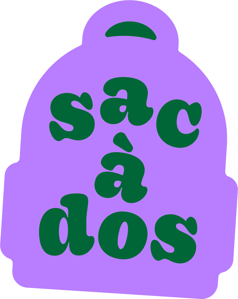 Dessin d'un sac à dos mauve sur le lequel est inscrit Sac à dos en vert
